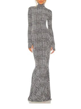 Norma Kamali Long Sleeve Turtle Fishtail Gown in Large Glenn Plaid